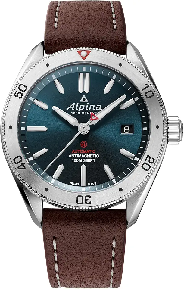 Alpina 男士s Alpiner 自動機械 Silver 不鏽鋼 Case and Brown 皮革 Strap 手錶, Blue Dial Style:AL-525N4AQ6