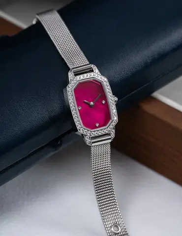 時尚 女士 石英 手錶 不鏽鋼 Band Emerald Series Lady CZ Diamond Octagon Wrist手錶 White Mother Shell Pearl Dial