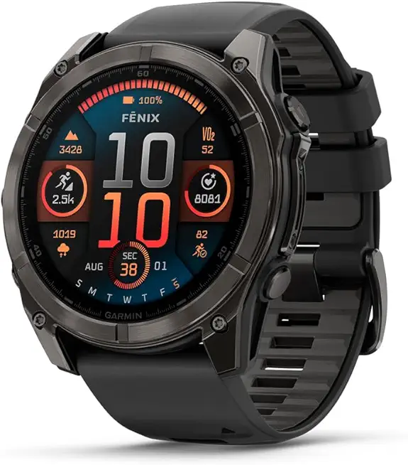 Garmin fēnix® 8 – 51 毫米,AMOLED,藍寶石,高級多功能GPS智慧型手錶,長效電池壽命,潛水,內建 LED 手電筒,碳灰色 DLC 鈦金屬,帶卵石灰錶帶